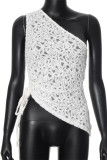 Sexy Solid Color Lace Draw String Sloping Shoulder Tops