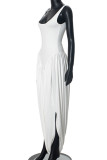 Sexy Solid Color Slit Ruched U Neck Long Dresses