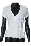Sexy Solid Color Lace Up V Neck T-Shirts