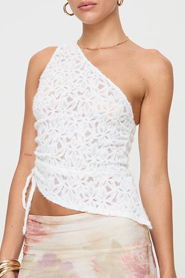 Sexy Solid Color Lace Draw String Sloping Shoulder Tops