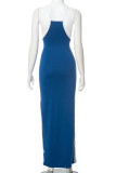 Sexy Solid Color Patchwork Contrast Square Neck Wrapped Skirt Dresses