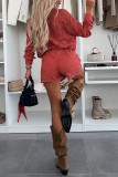 Casual Solid Color Lace Buttons Turndown Collar Long Sleeve Two Pieces