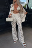 Sexy Solid Color Lace Buttons Turndown Collar Half Sleeve Two Pieces