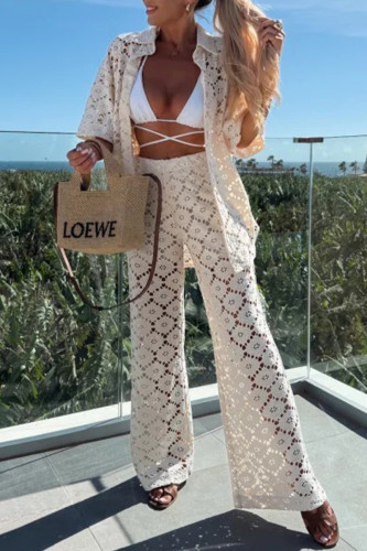 Sexy Solid Color Lace Buttons Turndown Collar Half Sleeve Two Pieces