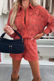 Casual Solid Color Lace Buttons Turndown Collar Long Sleeve Two Pieces