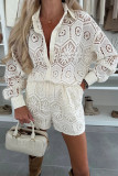 Casual Solid Color Lace Buttons Turndown Collar Long Sleeve Two Pieces
