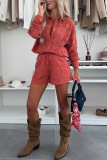 Casual Solid Color Lace Buttons Turndown Collar Long Sleeve Two Pieces