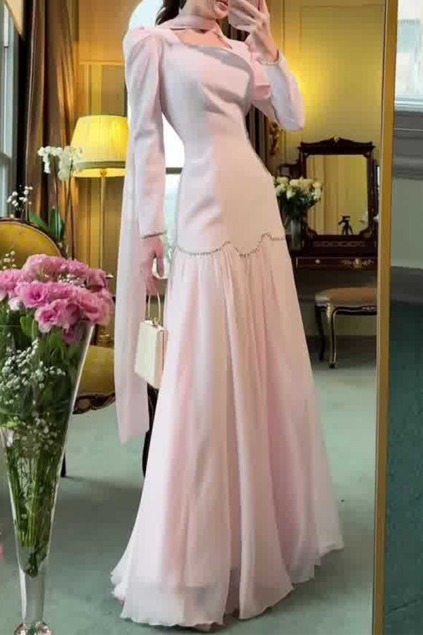 Elegant Solid Color Patchwork Hot Drill ribbon Square Neck Evening Dresses