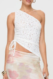 Sexy Solid Color Lace Draw String Sloping Shoulder Tops