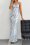 Sexy Floral Print Backless Contrast Long Dresses