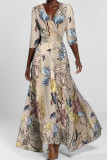 Elegant Floral Print Contrast V Neck Printed Dresses
