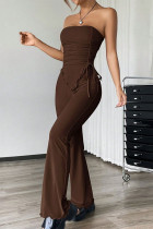 Sexy Solid Color Draw String Irregular Strapless Sleeveless Two Pieces