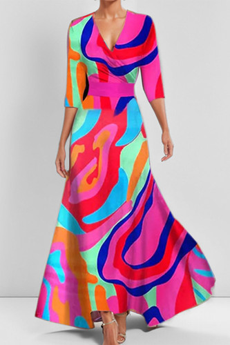 Elegant Floral Print Contrast V Neck Printed Dresses