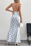 Sexy Floral Print Backless Contrast Long Dresses