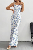 Sexy Floral Print Backless Contrast Long Dresses