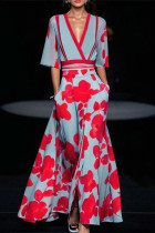 Elegant Floral Print Pocket Contrast V Neck Printed Dresses