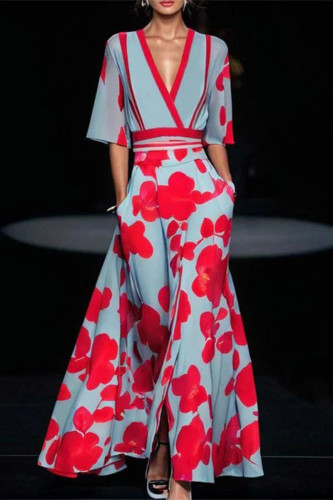 Elegant Floral Print Pocket Contrast V Neck Printed Dresses