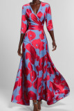 Elegant Floral Print Contrast V Neck Printed Dresses