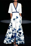 Elegant Floral Print Pocket Contrast V Neck Printed Dresses