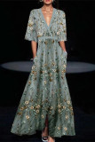 Elegant Floral Print Pocket Contrast V Neck Printed Dresses
