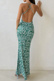 Sexy Floral Print Backless Contrast Long Dresses