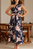 Vacation Elegant Floral Print With Belt Irregular Sloping Shoulder Printed Dresses
