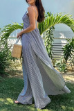 Casual Stripe Patchwork Contrast V Neck Sleeveless Two Pieces