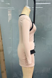 Elegant Solid Color Patchwork Contrast V Neck Mini Dresses