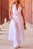 Casual Solid Color Pocket Beading Turndown Collar Sleeveless Two Pieces