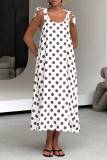 Casual Polka Dot Print Pocket Lace Up Contrast U Neck Sling Dresses