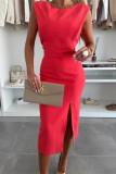 Elegant Solid Color Slit O Neck Wrapped Skirt Dresses
