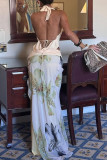 Sexy Flowers Patchwork Backless Halter Sleeveless Two Pieces