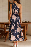 Vacation Elegant Floral Print With Belt Irregular Sloping Shoulder Printed Dresses