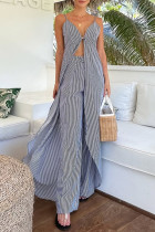 Casual Stripe Patchwork Contrast V Neck Sleeveless Two Pieces