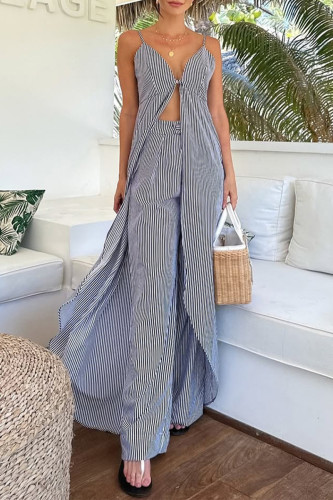 Casual Stripe Patchwork Contrast V Neck Sleeveless Two Pieces