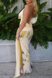 Sexy Flowers Patchwork Backless Halter Sleeveless Two Pieces