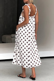 Casual Polka Dot Print Pocket Lace Up Contrast U Neck Sling Dresses
