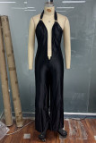 Sexy Solid Color Patchwork Deep V Neck Regular Jumpsuits