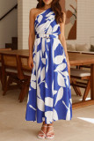 Vacation Elegant Floral Print With Belt Irregular Sloping Shoulder Printed Dresses