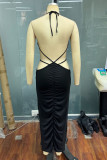 Sexy Solid Color Hollow Out Lace Up Halter Wrapped Skirt Dresses