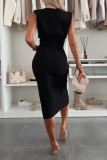 Elegant Solid Color Slit O Neck Wrapped Skirt Dresses