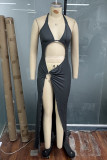 Sexy Solid Color Hollow Out Lace Up Irregular Halter Irregular Dresses