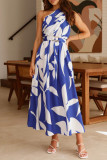 Vacation Elegant Floral Print With Belt Irregular Sloping Shoulder Printed Dresses