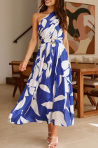 Vacation Elegant Floral Print With Belt Irregular Sloping Shoulder Printed Dresses