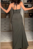 Sexy Solid Color Hollow Out Lace Up Irregular Halter Irregular Dresses