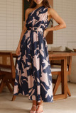 Vacation Elegant Floral Print With Belt Irregular Sloping Shoulder Printed Dresses