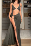 Sexy Solid Color Hollow Out Lace Up Irregular Halter Irregular Dresses