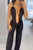 Sexy Solid Color Patchwork Deep V Neck Regular Jumpsuits