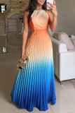 Sexy Gradient Print Lace Up Backless Pleated Contrast Halter Pleated Dresses