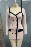 Elegant Solid Color Patchwork Contrast V Neck Mini Dresses